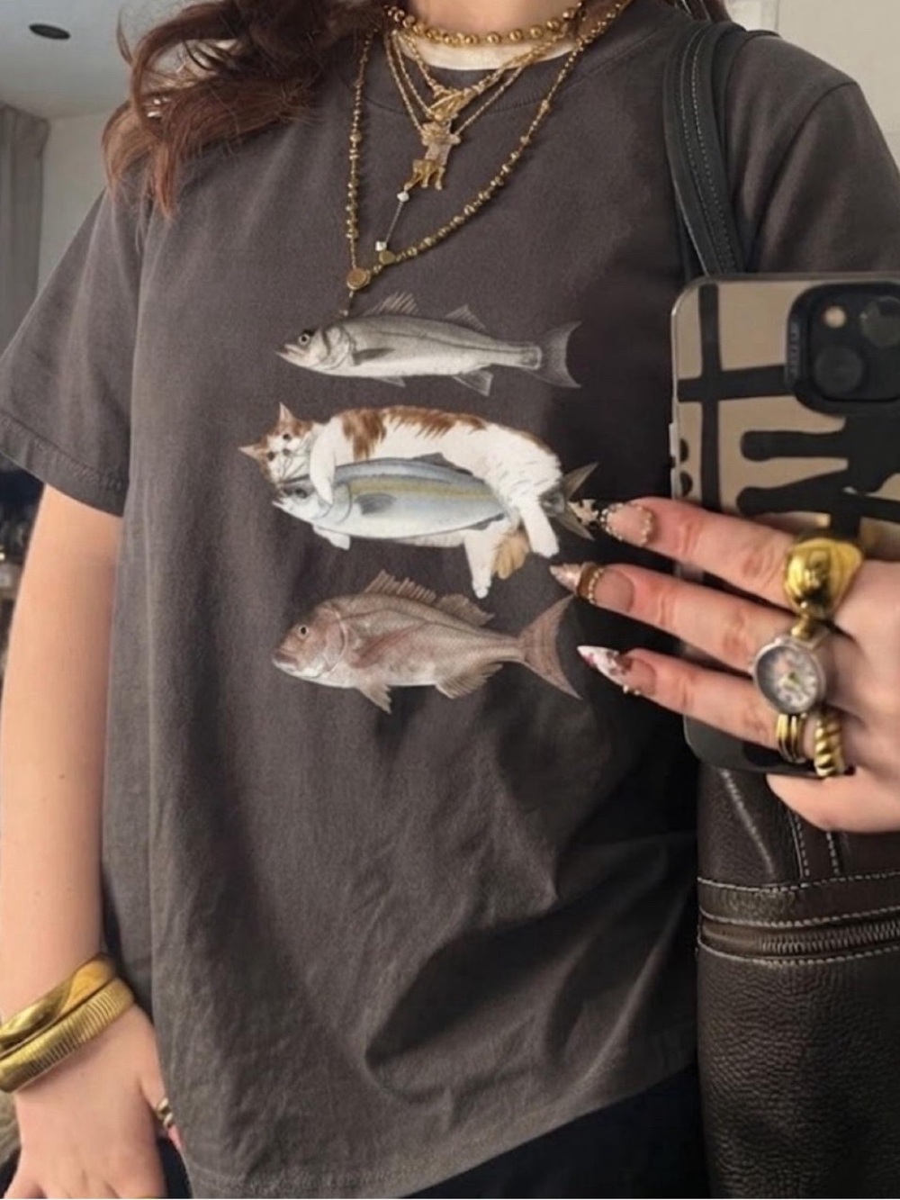 Gildan Dark Gray Short-Sleeve Tee with Cat-and-Fish Graphic